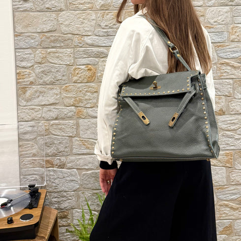 Juli - Handmade Calf Leather Studs Bag With Metallic Closure Petrol Green